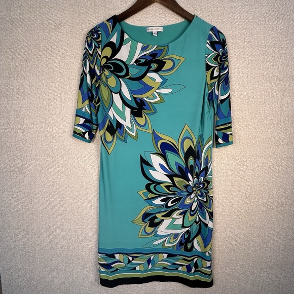 Sandra Darren Dresses & Skirts - Sandra Darren Size 8 Teal Floral Medallion Sheath Dress Elbow Sleeve